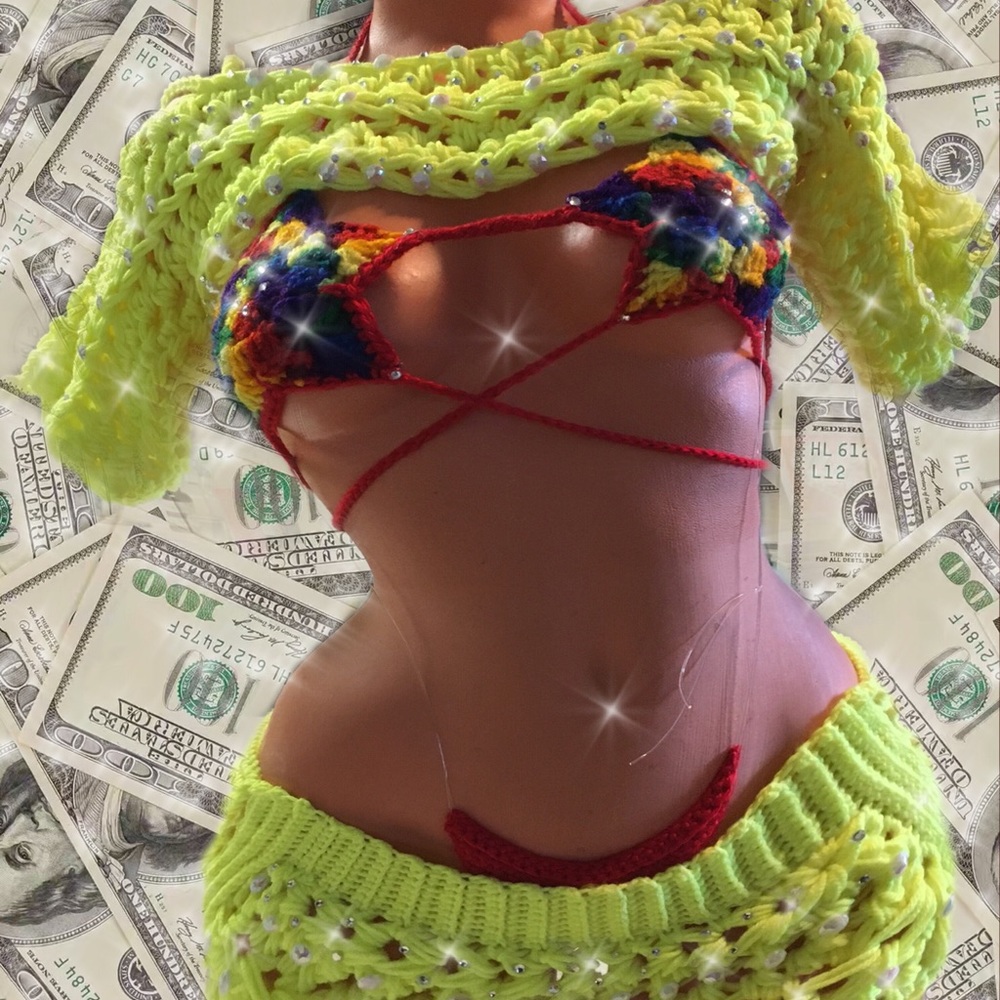 7 Piece Exotic Dancewear Crochet Set Multi Colored